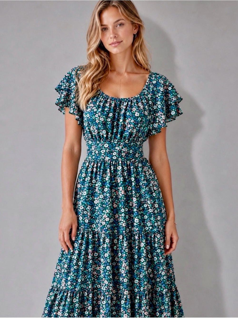 J. CREW Floral Flutter Sleeve Tiered Midi Dress Size 8